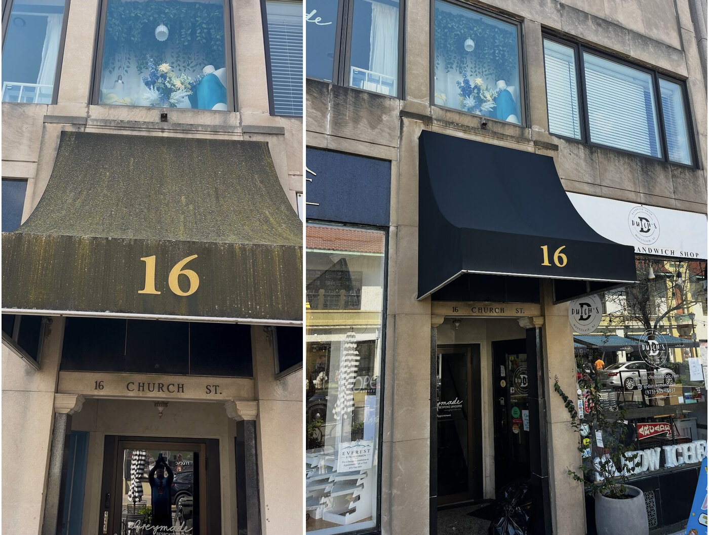 Storefront awning before and after cleaning