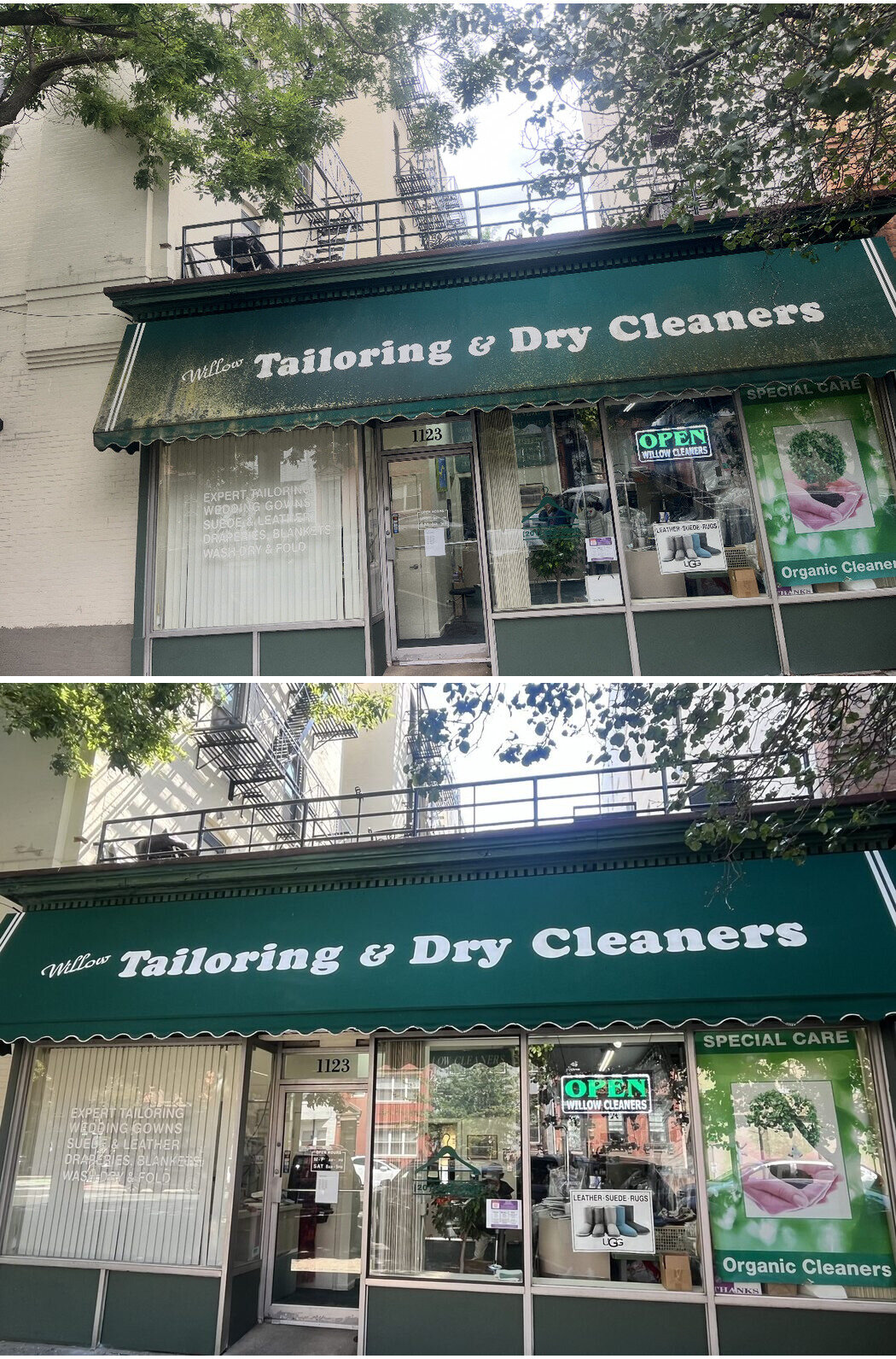 Willow Cleaners awning before and after cleaning, moss covered to deep green