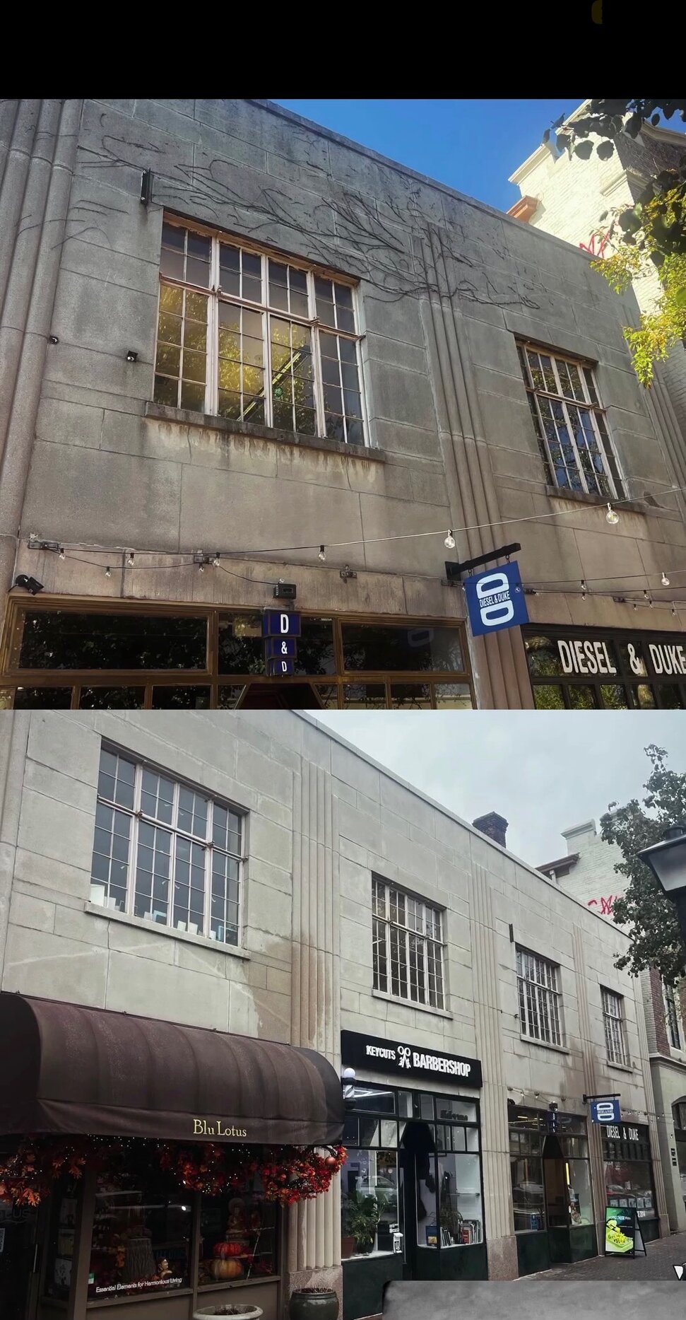 Commercial building facade before and after washing