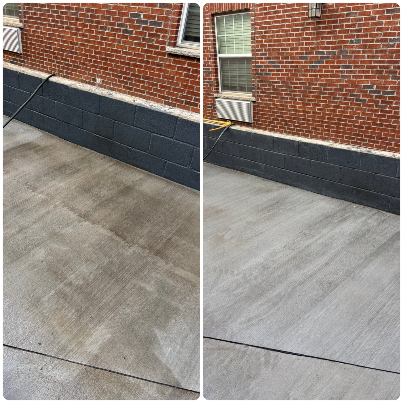 Concrete patio before and after pressure washing