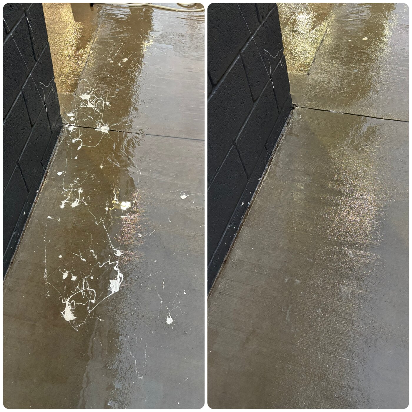Paint splatter removed from a concrete walkway, before and after