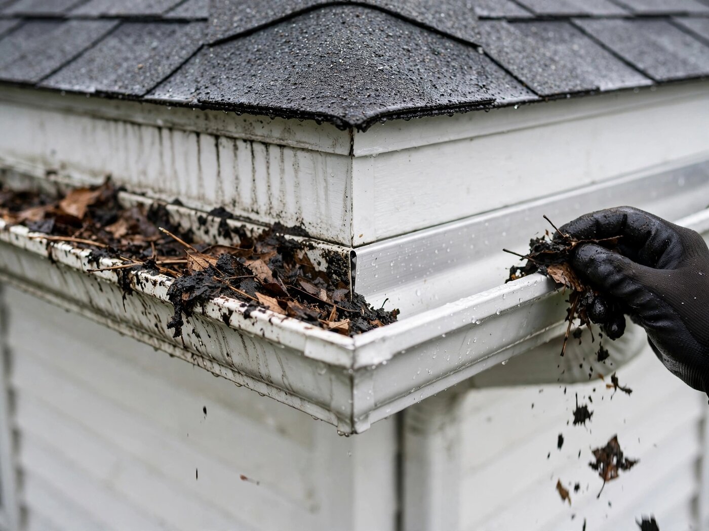 Packed gutter being cleared by hand at the roofline