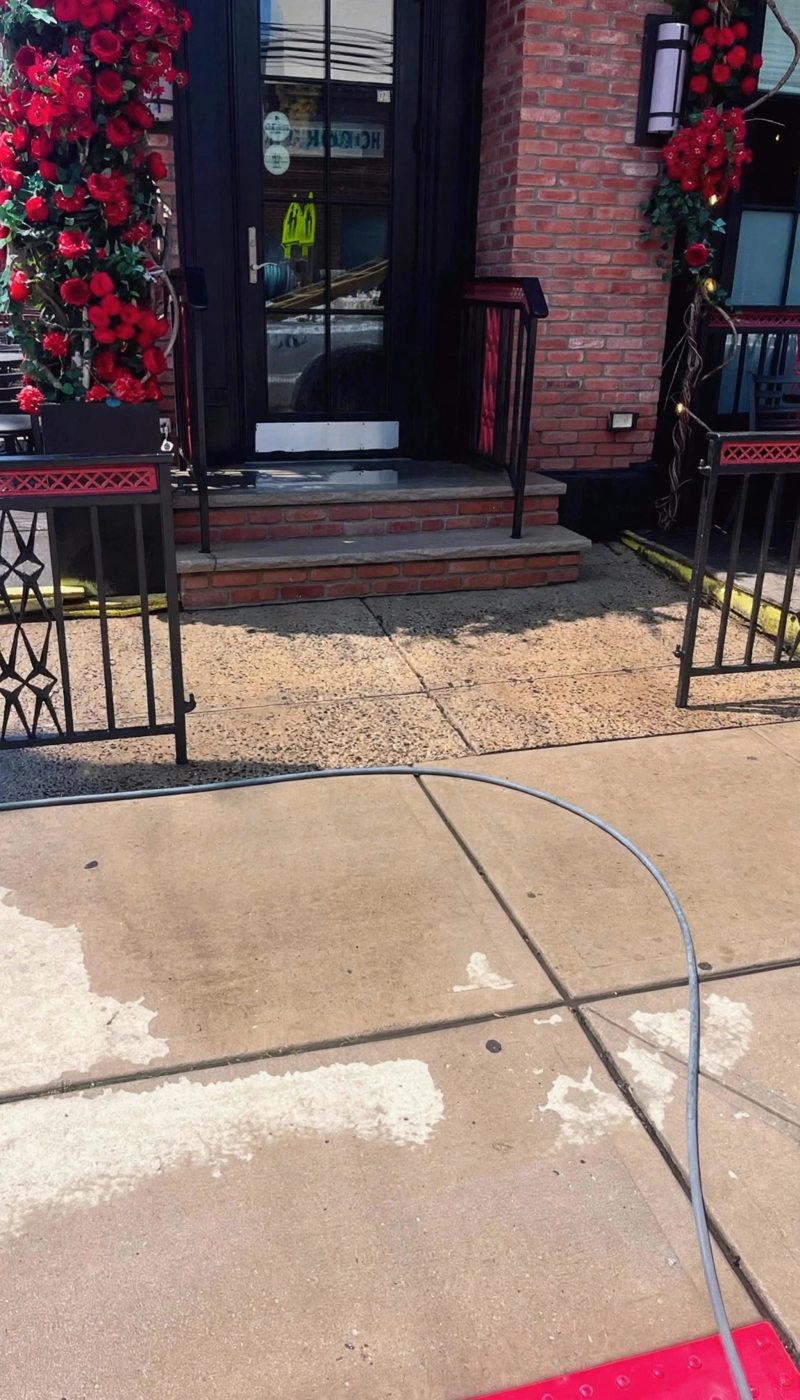 The restaurant entrance with brick steps, black railings, and rose covered planters above a freshly cleaned walkway